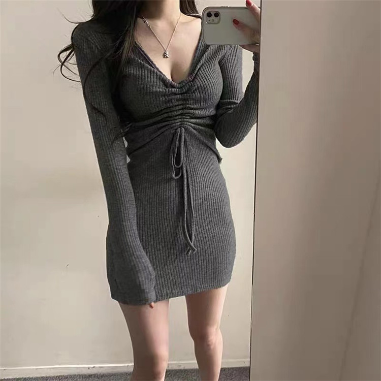 ギャルファッション セクシー深Vネックリブニットワンピース