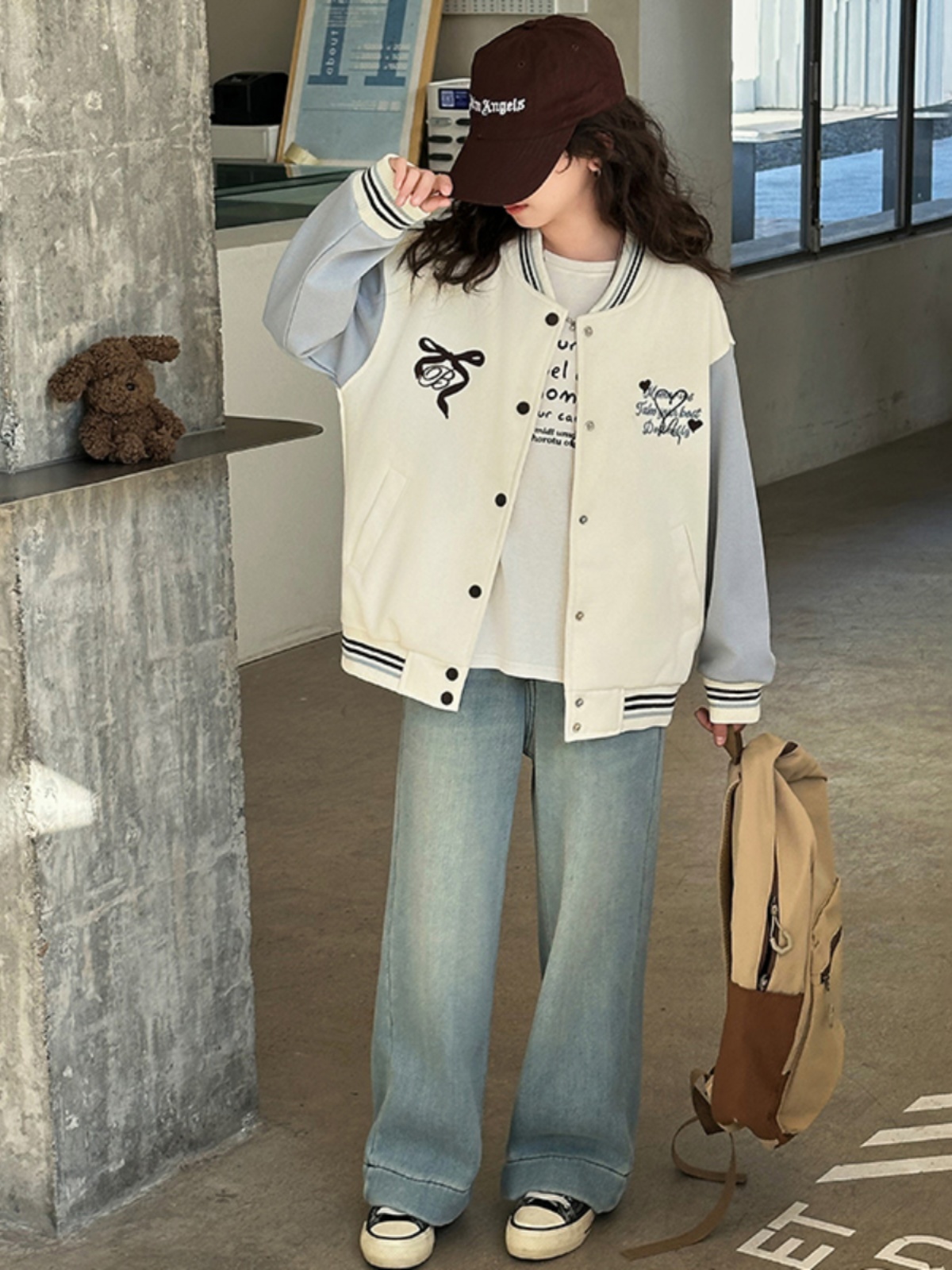 ギャルファッション ハート刺繍入り切替スタジャン
