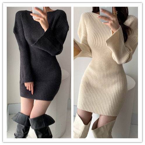 ギャルファッション リブニットワンピース ミニ丈 韓国風 ボディラインが美しい