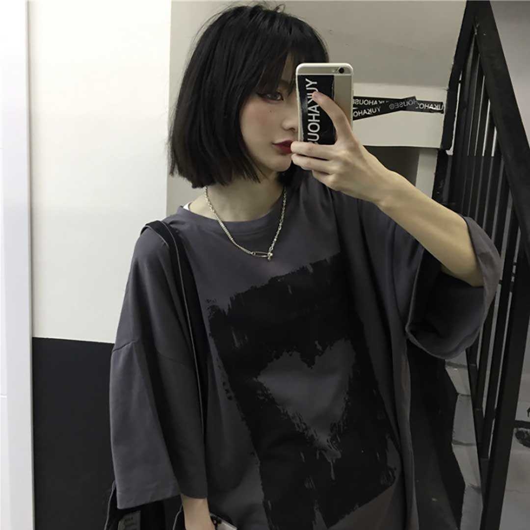ギャルファッション 病みかわハート柄半袖ティーシャツ ダークグレー