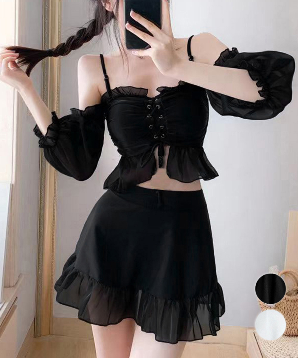 ギャルファッション レースアップオフショルダートップス＆フリルスカートセット