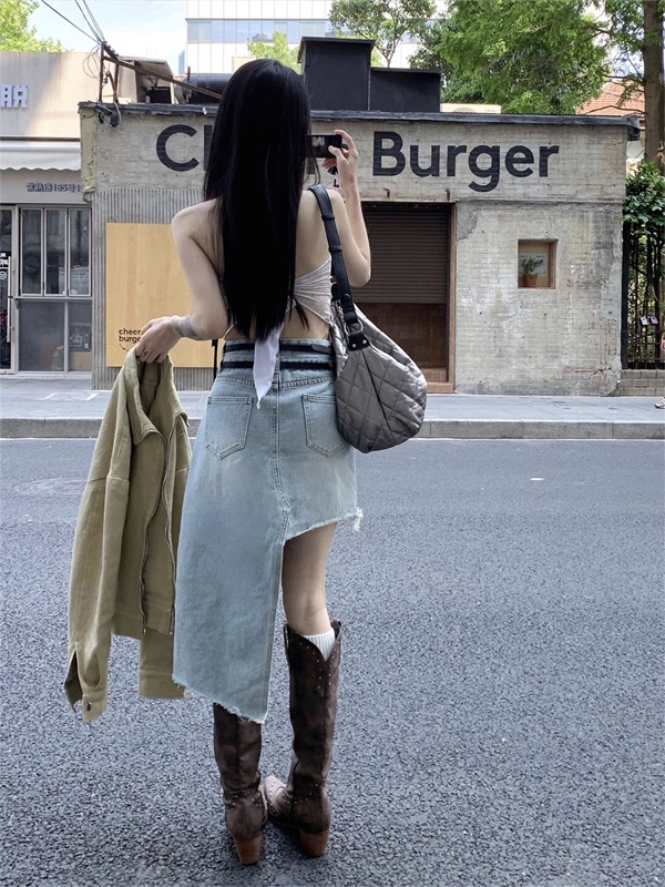 ギャルファッション ハイウエスト変形デニムスカート ダメージ加工