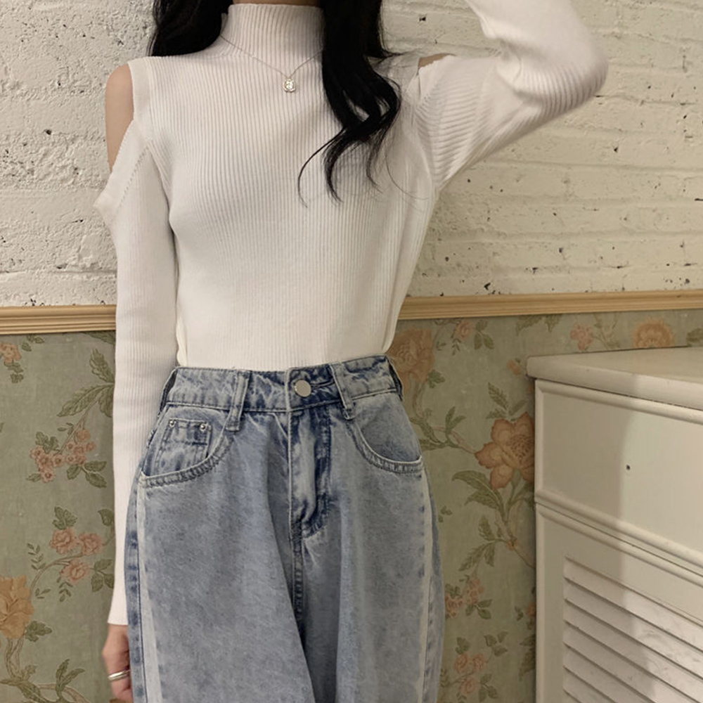 ギャルファッション 肩だしハイネックリブニットトップス