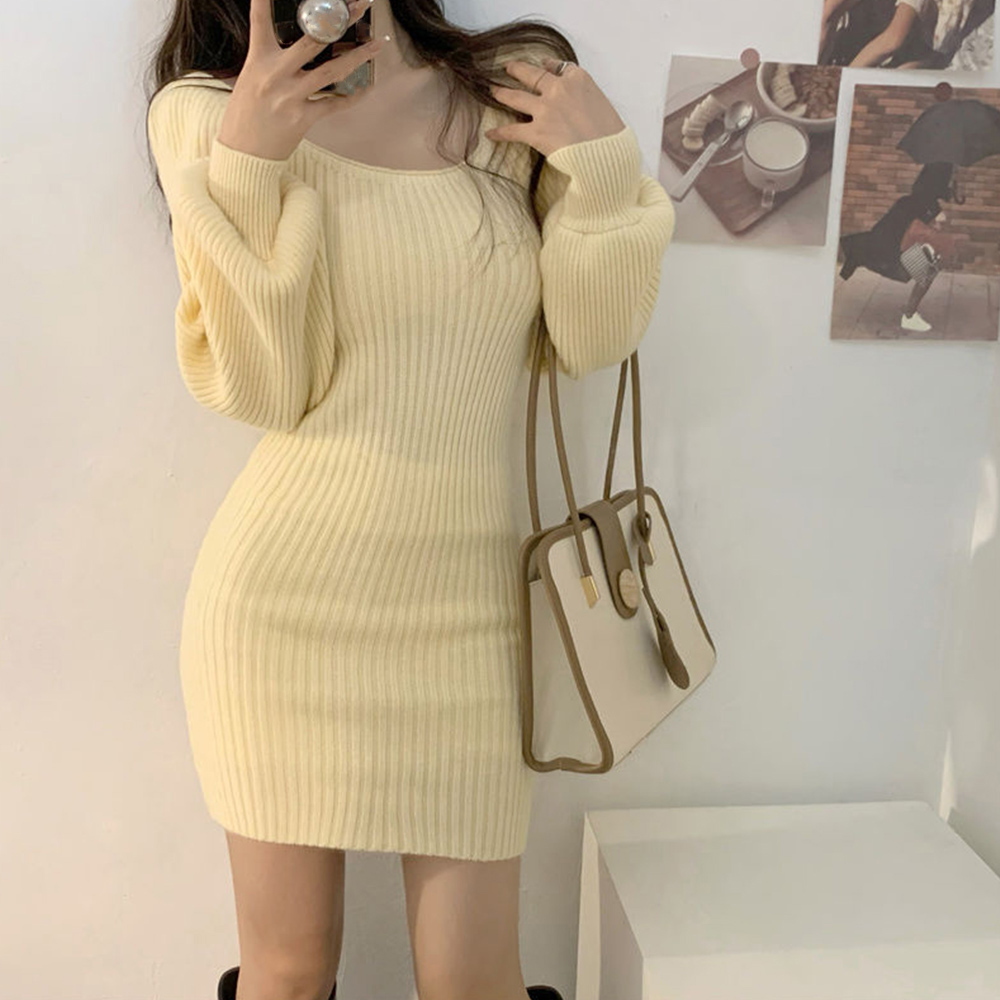 ギャルファッション リブニットワンピース 韓国風 長袖ミニワンピ