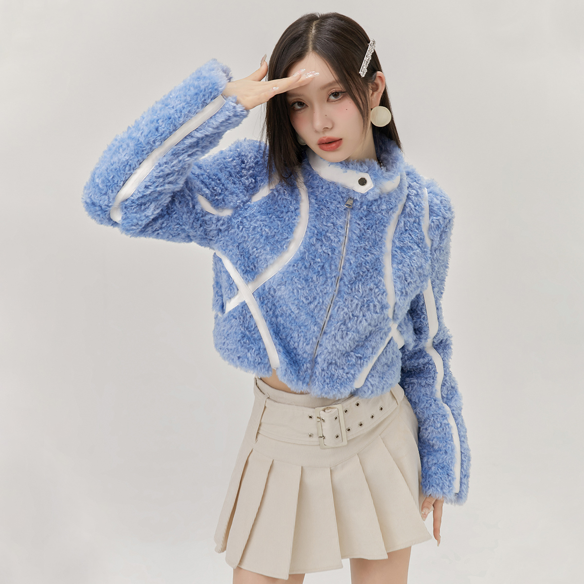 ギャルファッション ふわふわもこもこボアジップアップジャケット