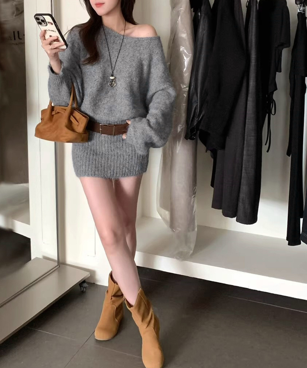 ギャルファッション ベルト付きオフショルダーニットワンピース