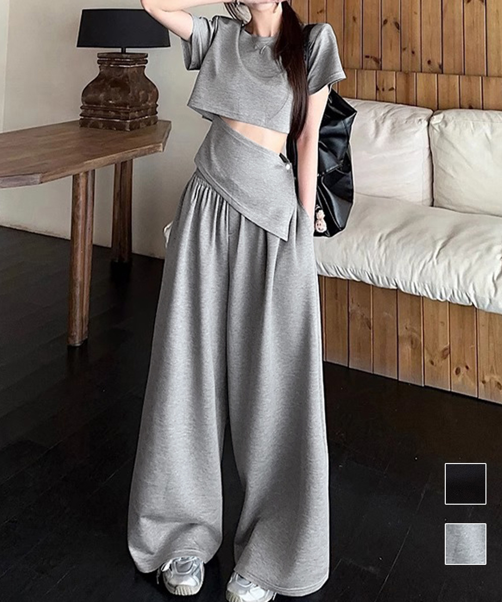 ギャルファッション クロップド丈半袖トップス×ワイドパンツ セットアップ