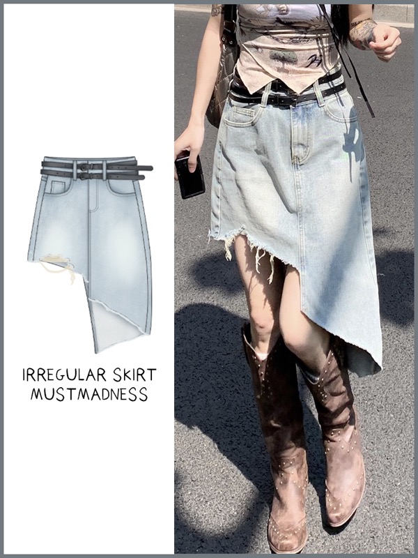 ギャルファッション ハイウエスト変形デニムスカート ダメージ加工