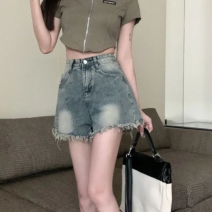 ギャルファッション ふんわりほつれデニムショートパンツ