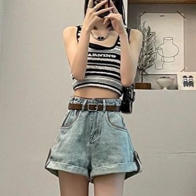 ギャルファッション ゆるふわロールアップデニムショートパンツ