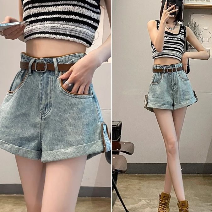 ギャルファッション ゆるふわロールアップデニムショートパンツ