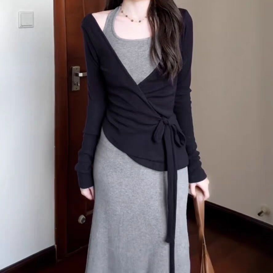ギャルファッション カシュクールリボン重ね着風セット