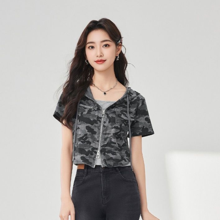 ギャルファッション 迷彩柄短袖ショートフード付きジップアップジャケット