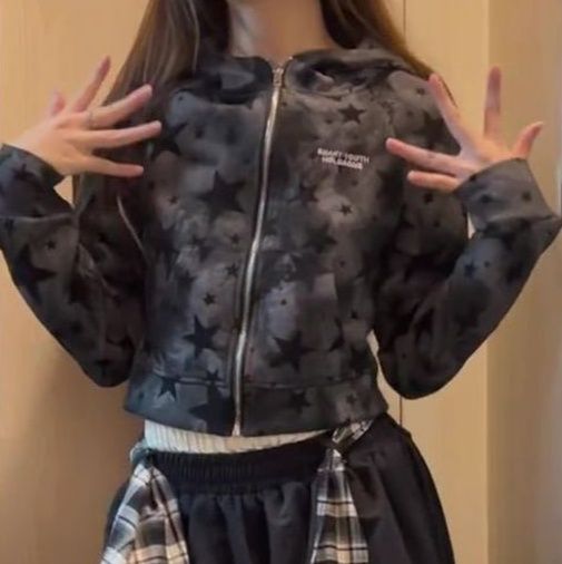 ギャルファッション 星柄迷彩ショート丈ジップアップジャケット