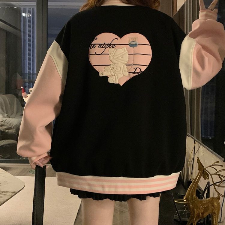 ギャルファッション 甘辛配色バイカラースタジャン風ジャケット