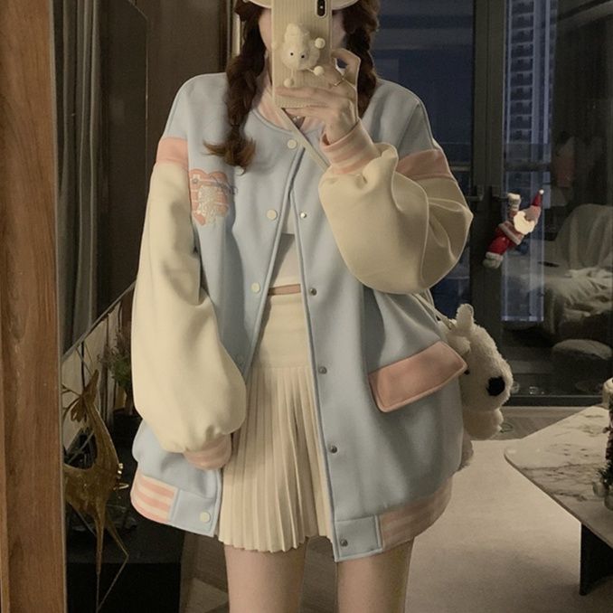 ギャルファッション 甘辛配色バイカラースタジャン風ジャケット
