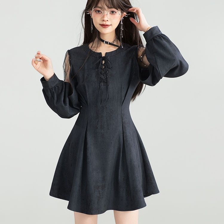 ギャルファッション 編み上げデザインフレア袖ショート丈ワンピース