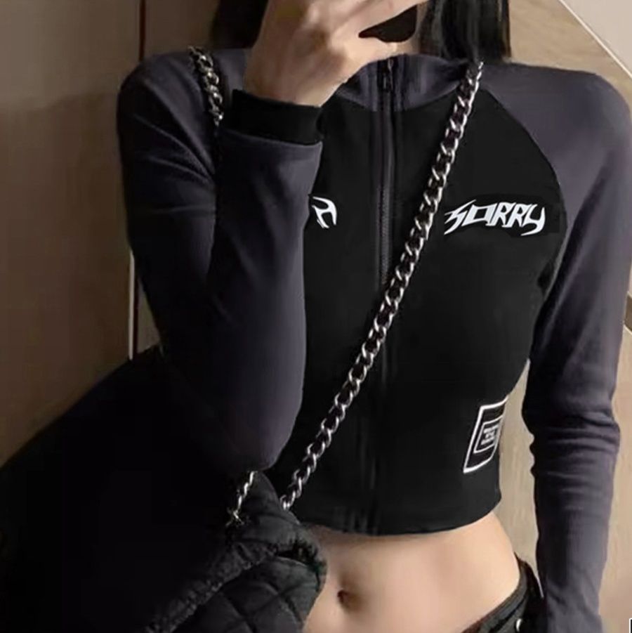 ギャルファッション ロゴプリント ジップアップ ショート丈トップス スウェット