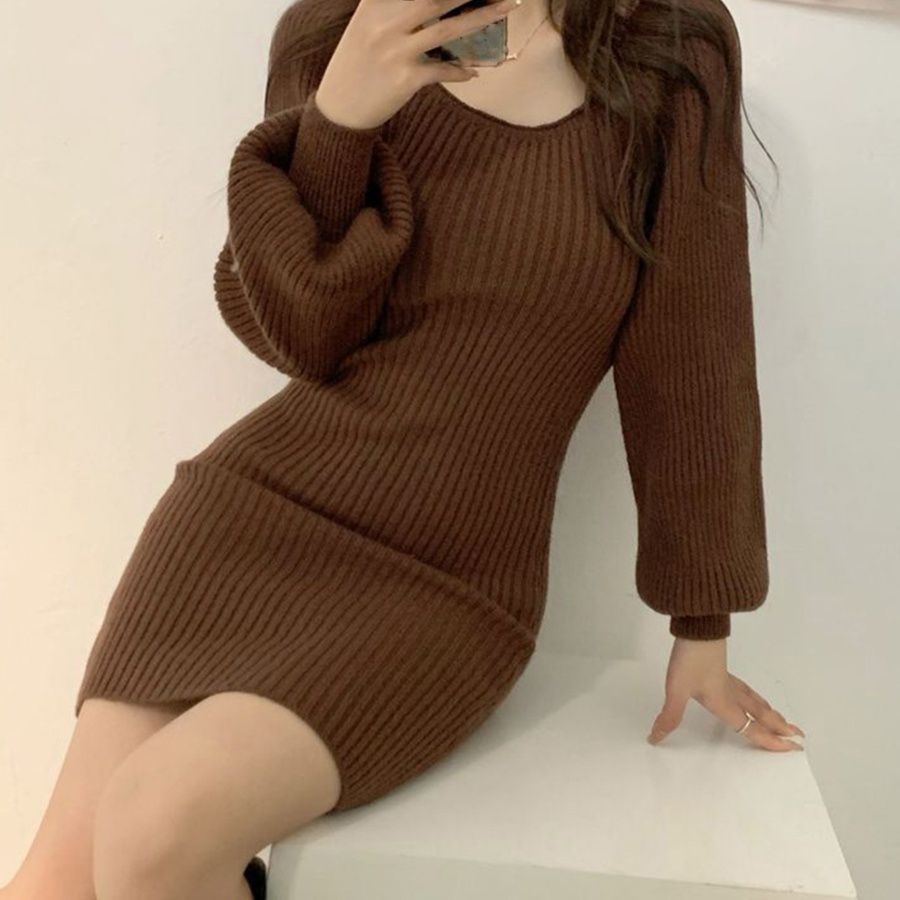 ギャルファッション リブニットワンピース 韓国風 長袖ミニワンピ