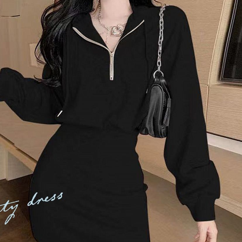 ギャルファッション フード付きジップワンピース長袖タイト