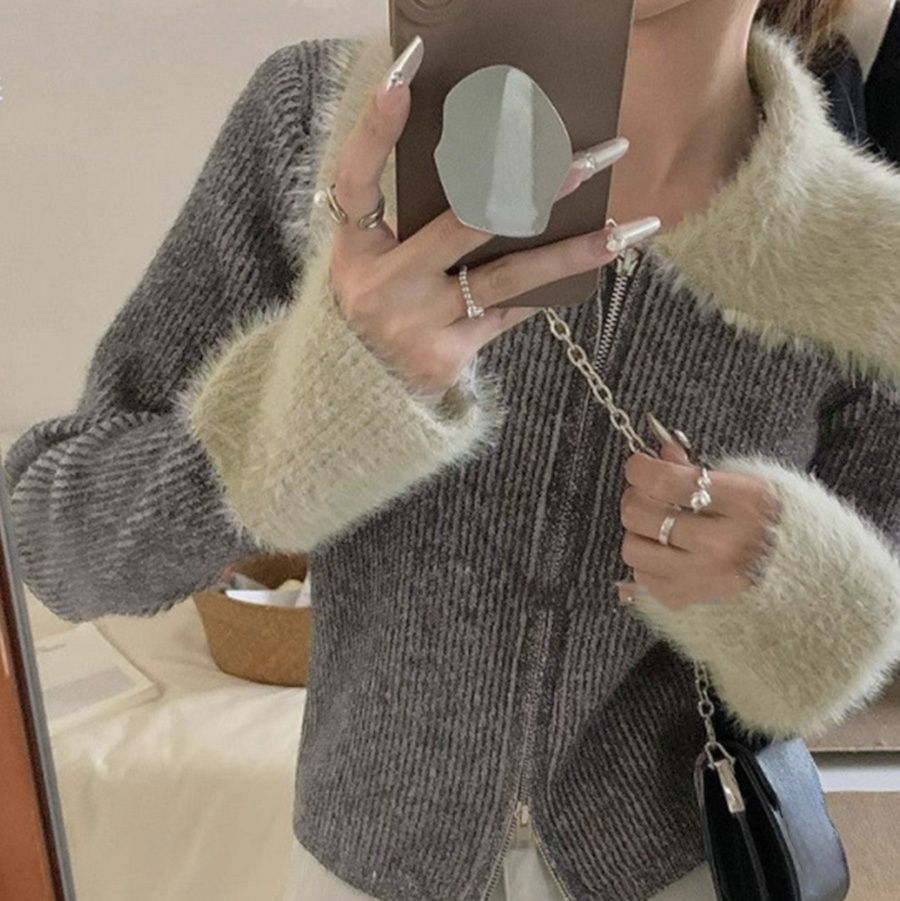 ギャルファッション ファー袖口ダブルジップニットカーディガン