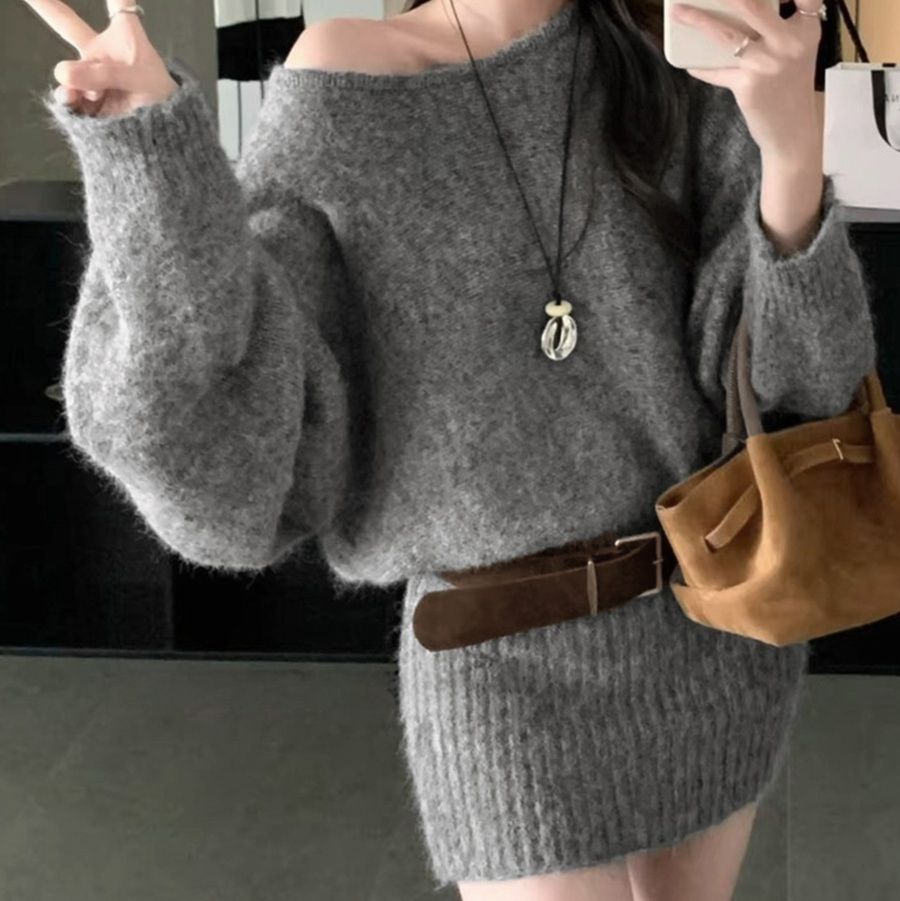 ギャルファッション ベルト付きオフショルダーニットワンピース