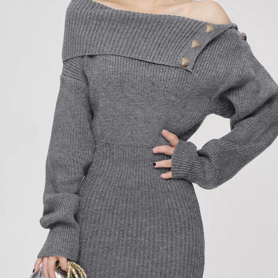ギャルファッション 金ボタンオフショルダーニットワンピース