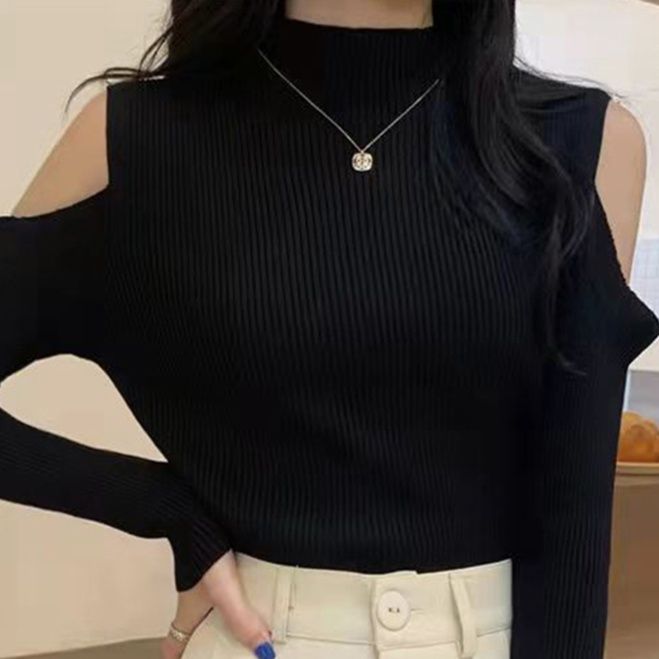 ギャルファッション 肩だしハイネックリブニットトップス スウェット