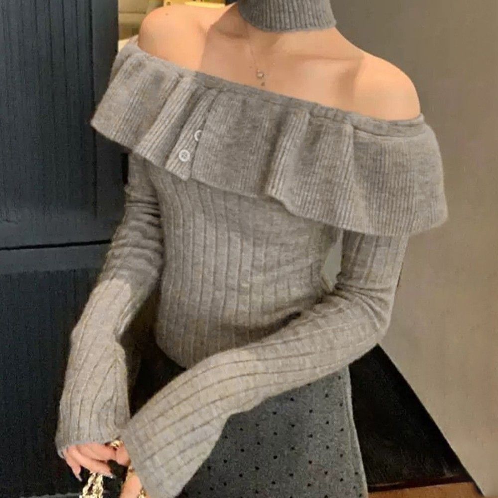 ギャルファッション 取り外しチョーカー付きオフショルニット