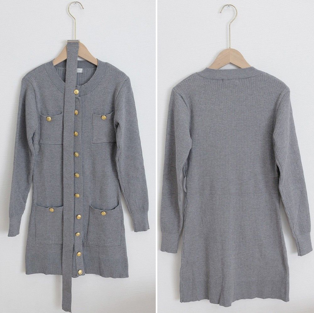 ギャルファッション ゴールドボタン付きリブニットミニワンピース