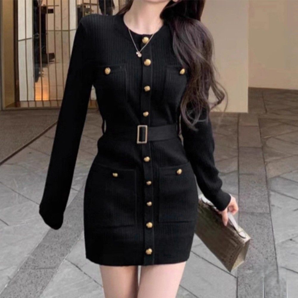 ギャルファッション ゴールドボタン付きリブニットミニワンピース