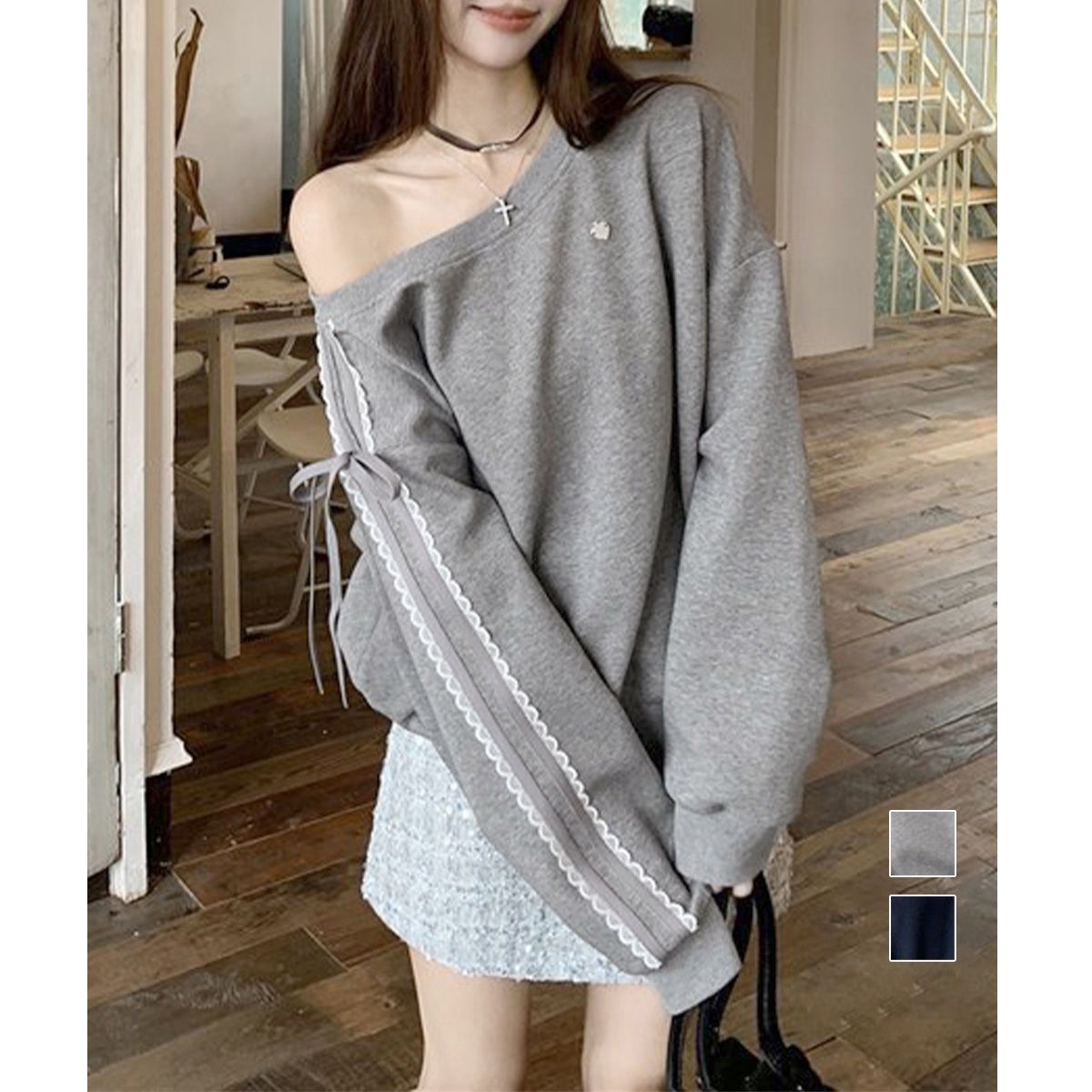 ギャルファッション オフショルダー長袖レーストップス