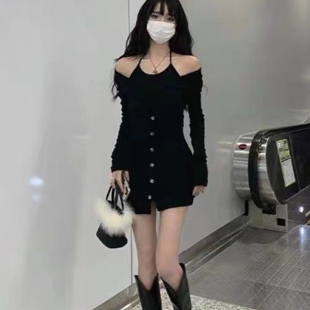 ギャルファッション 肩開きオフショルダー長袖ミニ丈ワンピース