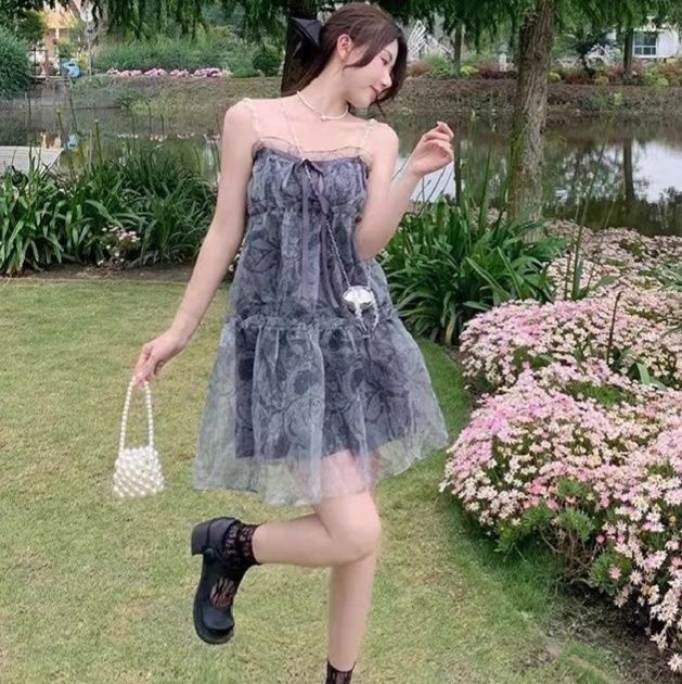 ギャルファッション 花柄刺繍チュール重ねベアトップミニワンピース