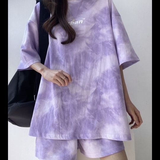 ギャルファッション タイダイ柄ロゴ入り半袖トップスショートパンツ上下セット