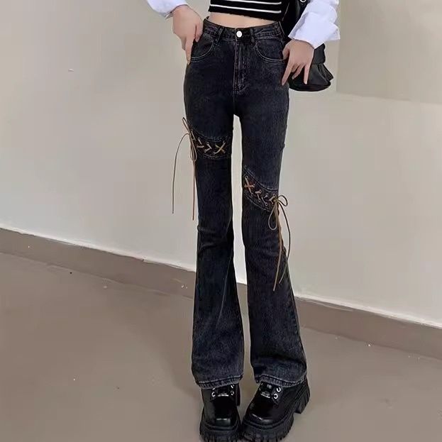 ギャルファッション 膝レースアップフレアジーンズ