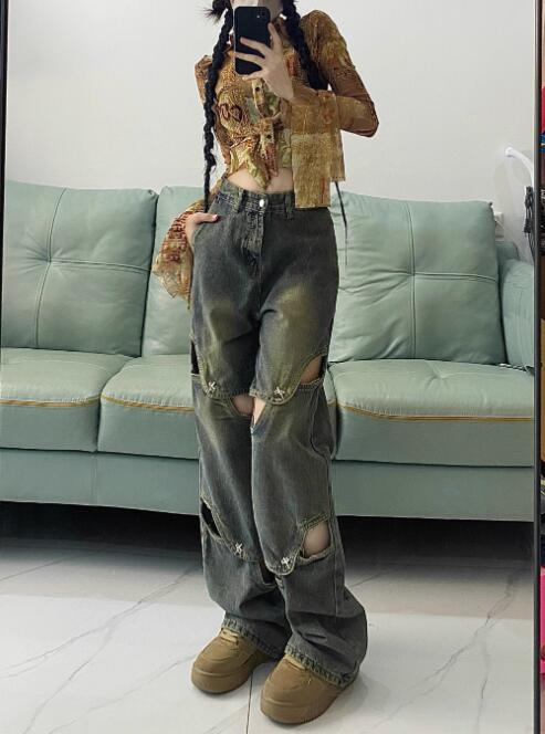 ギャルファッション ギャル系ダメージ加工ワイドデニムパンツ