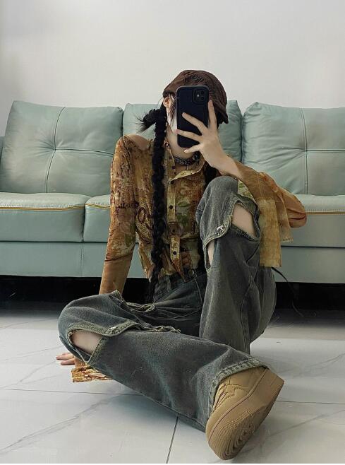 ギャルファッション ギャル系ダメージ加工ワイドデニムパンツ