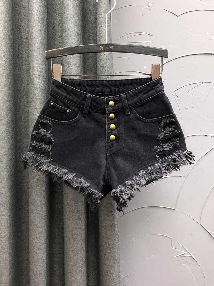ギャルファッション 前開きダメージフリンジショートパンツ
