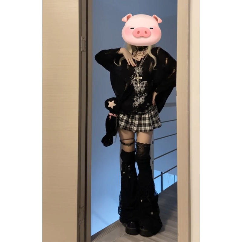 ギャルファッション 黒蝶々透かし編みゆったりニットトップス
