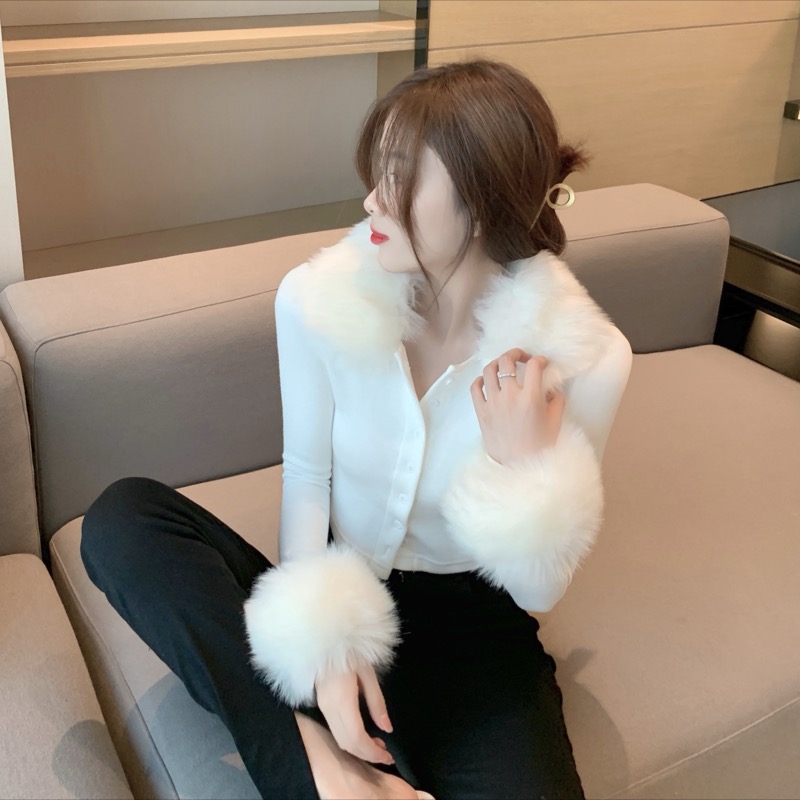 ギャルファッション ふわふわファー付き長袖ニットカーディガン