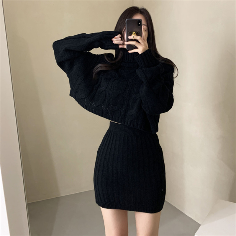 ギャルファッション 冬の韓国風ケーブルニットセーター・タイトスカートセット セットアップ
