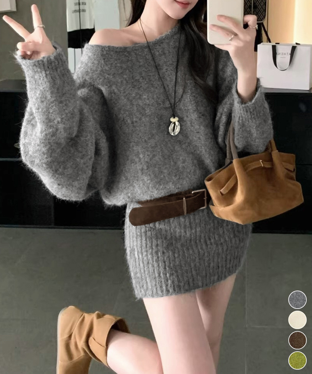 ギャルファッション ベルト付きオフショルダーニットワンピース