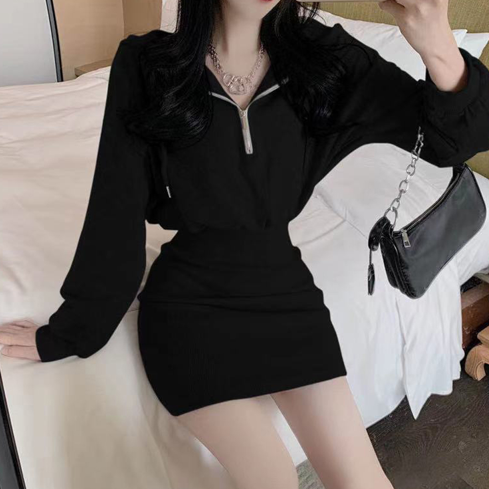 ギャルファッション フード付きジップワンピース長袖タイト