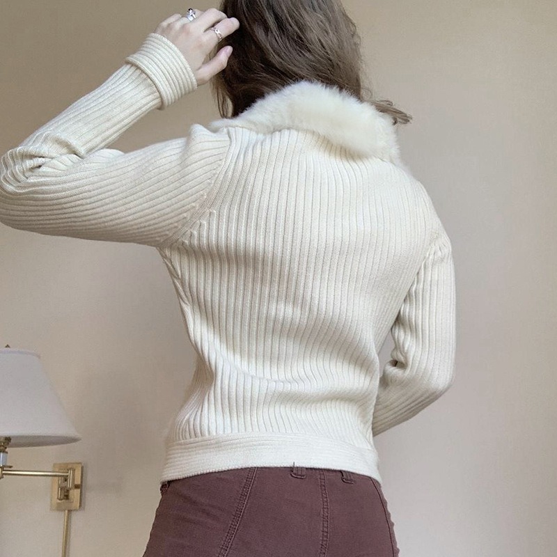 ギャルファッション ファー付きリブニットジップアップジャケット アウター