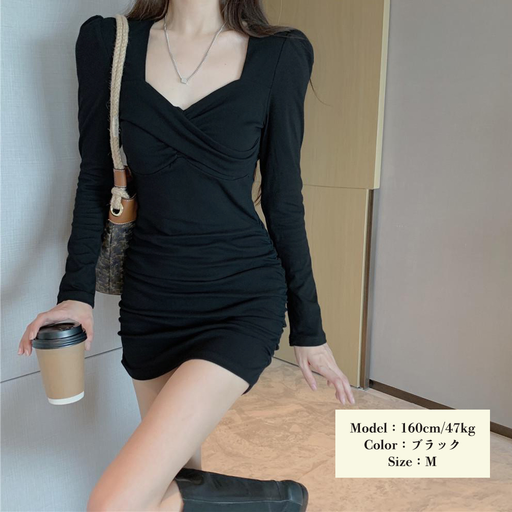 ギャルファッション クロスデザイン長袖タイトワンピース 2色展開