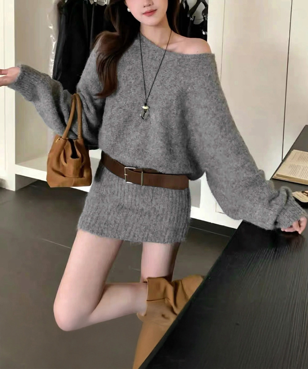 ギャルファッション ベルト付きオフショルダーニットワンピース