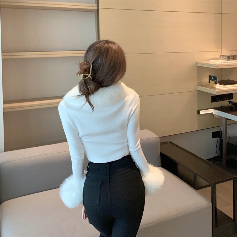 ギャルファッション ふわふわファー付き長袖ニットカーディガン