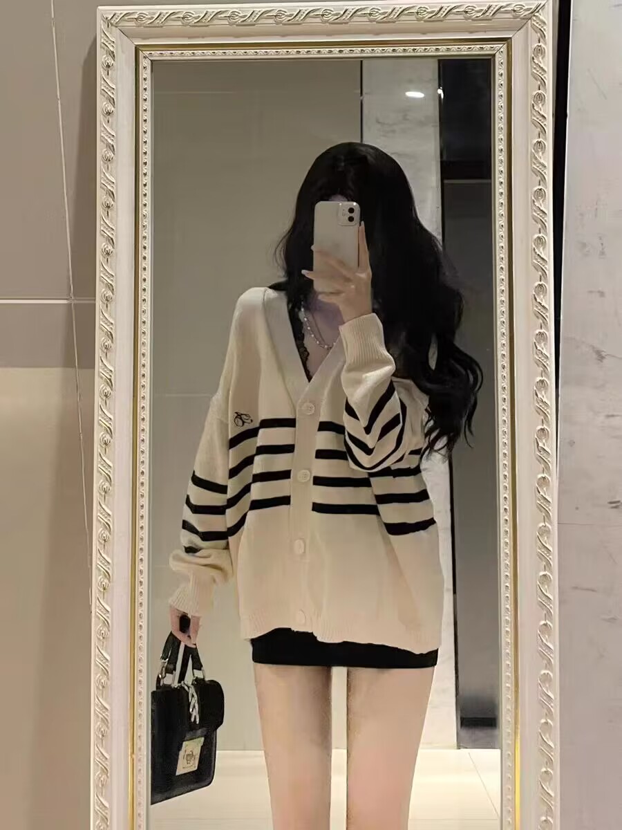 ギャルファッション カーディガン ボーダーゆるふわニットカーディガン