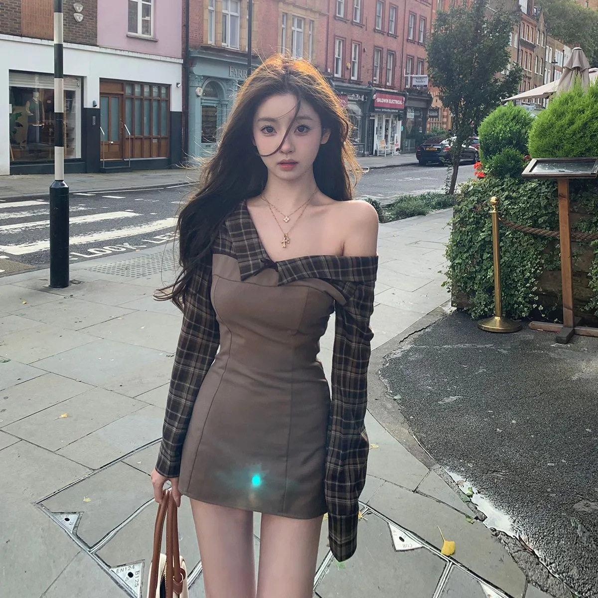 ギャルファッション チェック柄切替オフショルダーミニワンピース